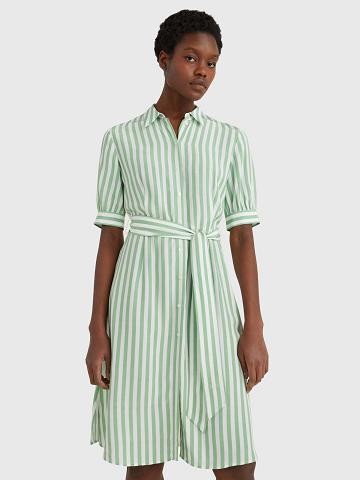 Női Tommy Hilfiger Stripe Tie-Derekú Shirtdress Dresses Zöld | HU 128GSO